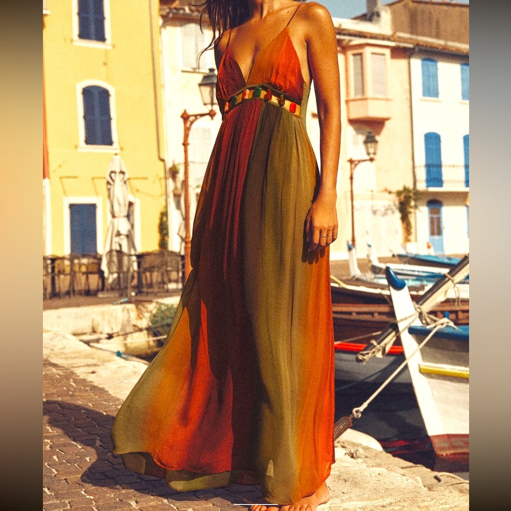 Zara Olive Green and Burnt Orange Maxi Dress